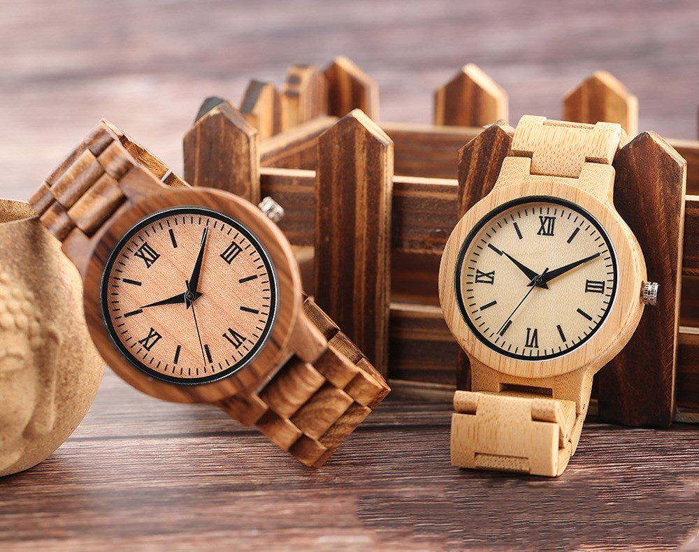 Montre à chiffres romains en bambou et bois massif, bracelet en bois