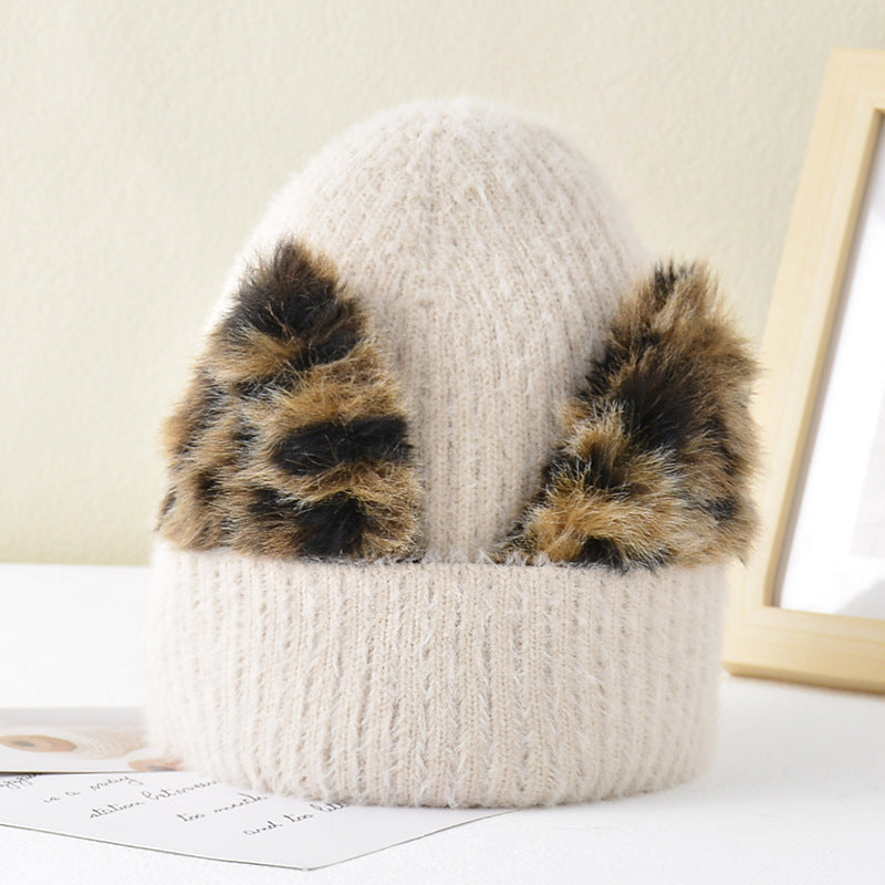 New Leopard Print Cat Ear Stretch Knitted Woolen Hat