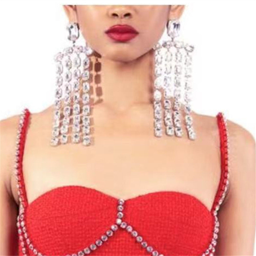 New Exaggerated Long Fringe Rhinestone Sparkling Earrings