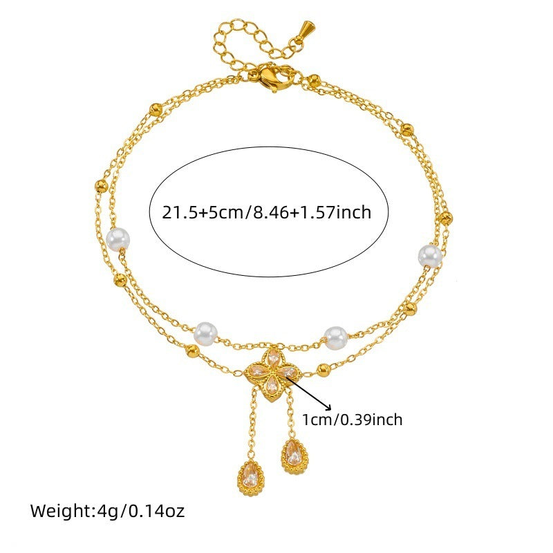 Cheville Perle Fleur Diamant Double Couche Mode