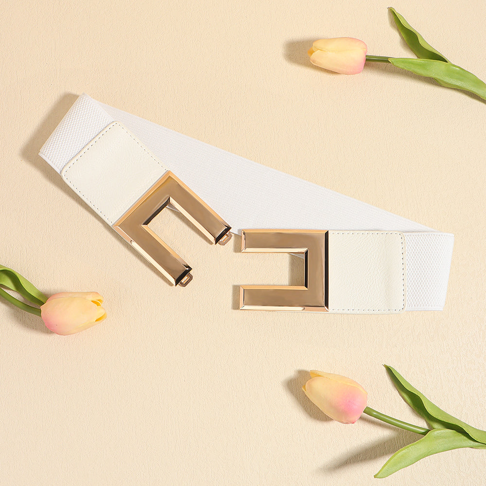 Ceinture décontractée multicolore pour femme à tempérament simple avec large ceinture élastique et boucle carrée en métal pour veste de costume ou robe