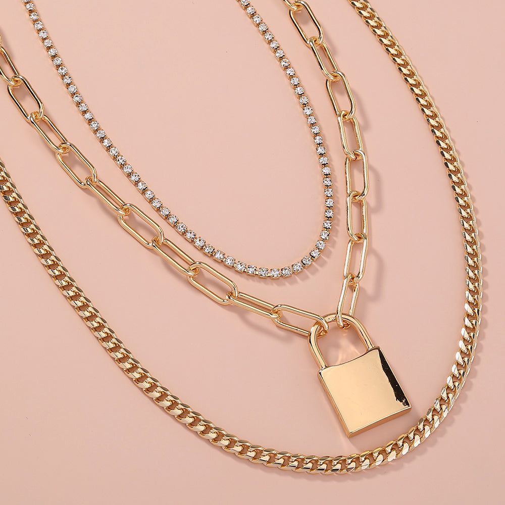 European and American cross-border jewelry Fashion street style lattice chain lock necklace gift rhinestone claw chain multi-layer chain