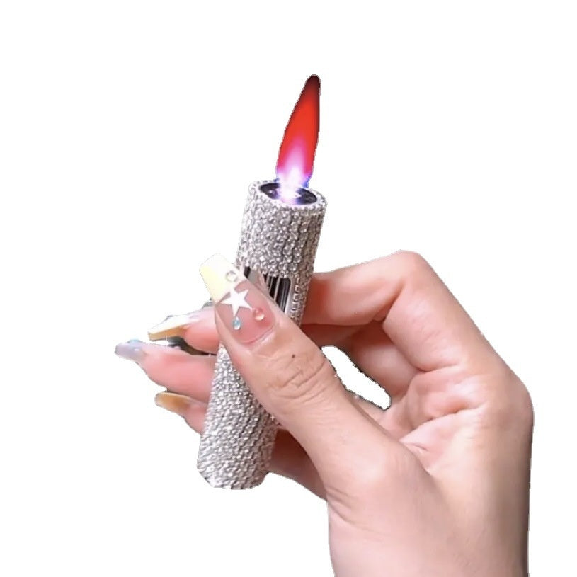 Rhinestone Cylinder Press Flame Windproof Gas Lighters
