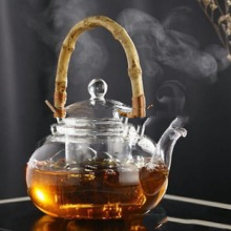 Pot à thé en verre avec poignée en bambou et infuseur, compatible flamme directe