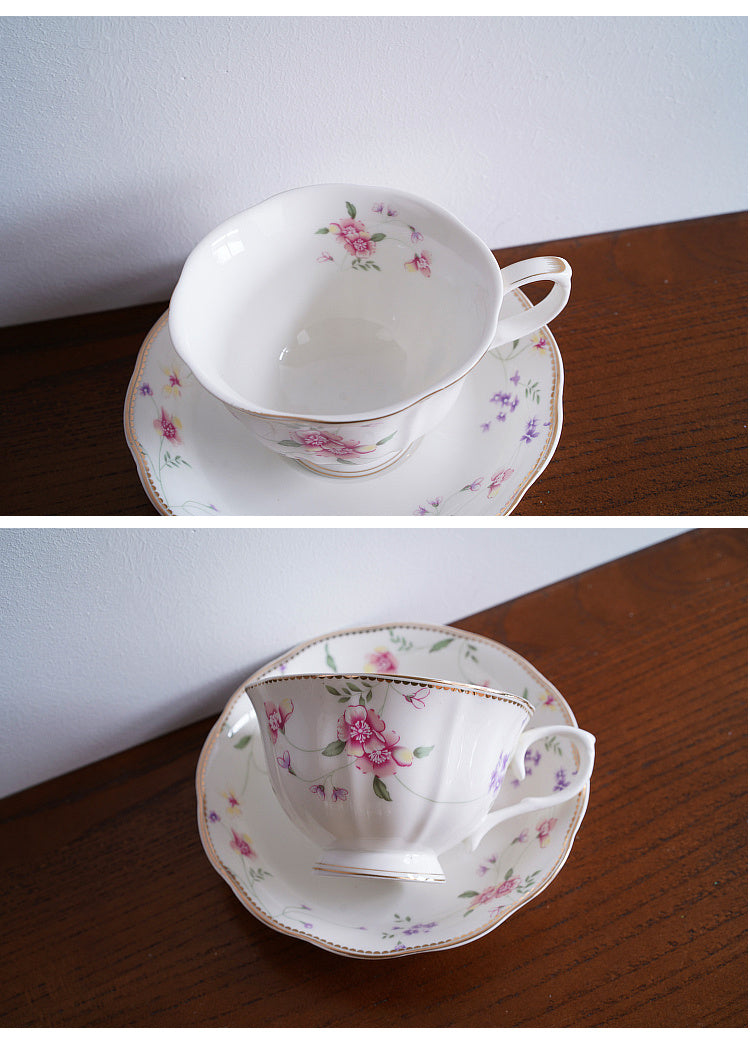 Service à thé/café en céramique avec motif floral et liseré doré