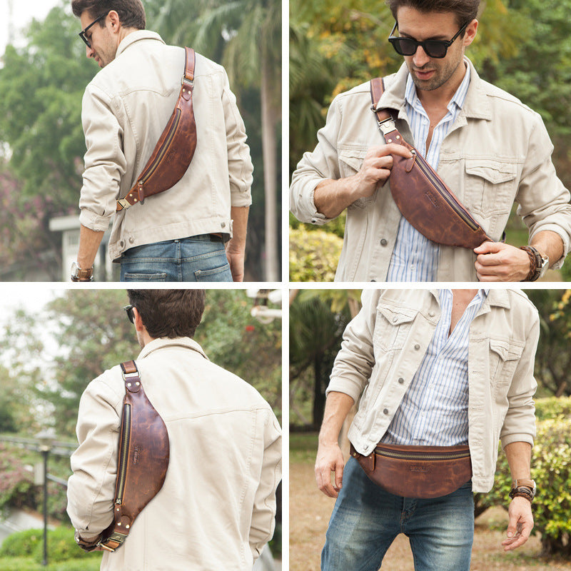 Sac banane rétro en cuir Crazy Horse pour homme en cuir véritable