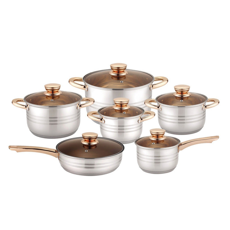 Gold Handle 12PCs Suit Seven-layer Double Bottom Set Pot