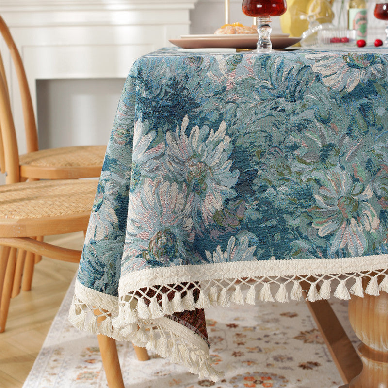Terylene Jacquard Oil Painting Blue Tassel Rectangular End Table Tablecloth