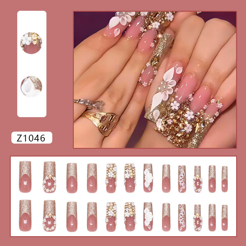 Français Ongles Dorés Faux Ongles Strass Détachables