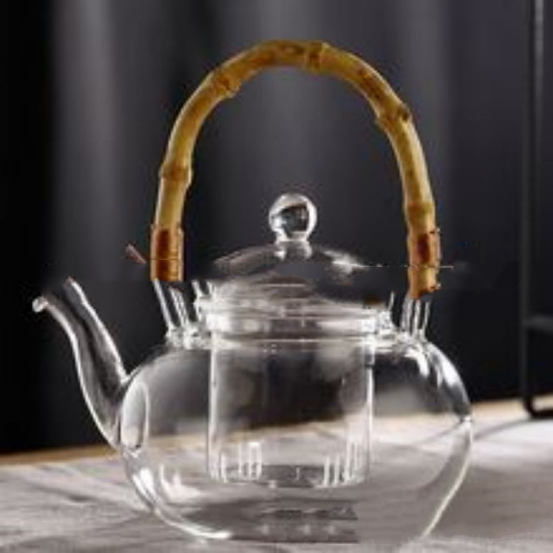 Pot à thé en verre avec poignée en bambou et infuseur, compatible flamme directe
