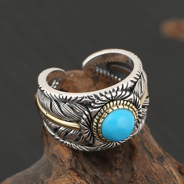 Bague pour homme plume turquoise mode personnalisée et exagérée