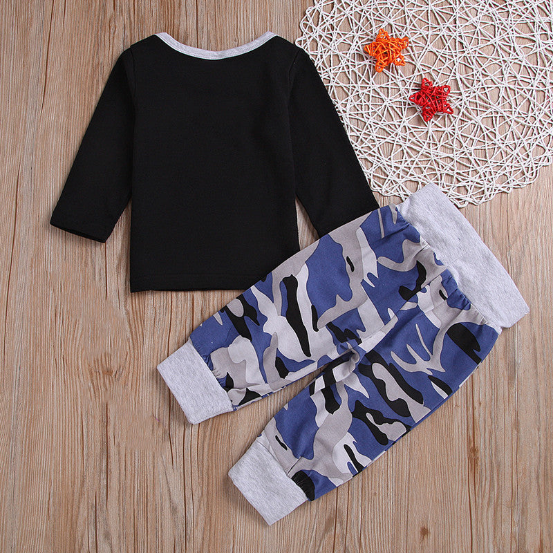 Three-Piece Children's Long-Sleeved Solid Color T-Shirt Camouflage Trousers Hat