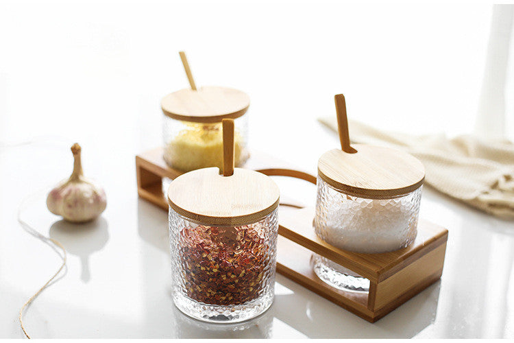 Boîte à épices en verre de cuisine domestique Bouteille à épices avec couvercle en bambou