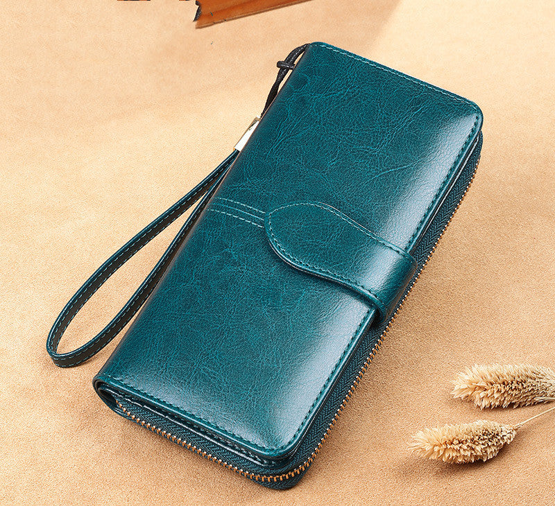 Waxed Cowhide Long Lady Wallet Leather Zipper Wallet Large Capacity