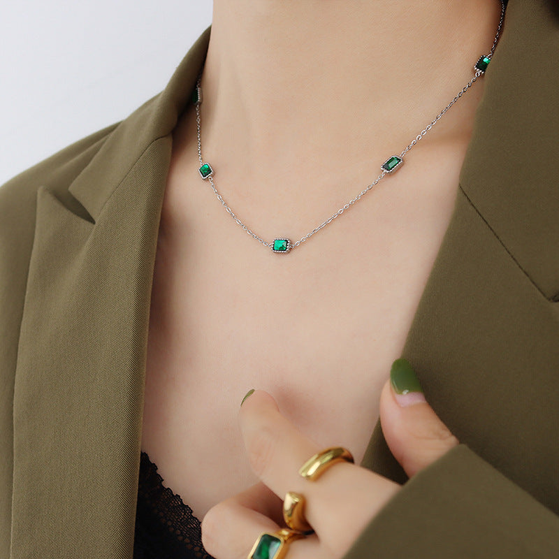 Natural Square Emerald Zircon Clavicle Chain