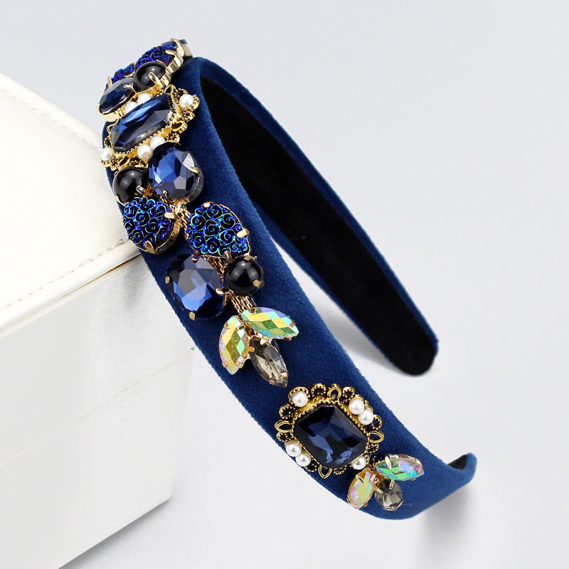 Navy Blue Rhinestone Handmade Vintage Headband With Baroque Flower And Pearls