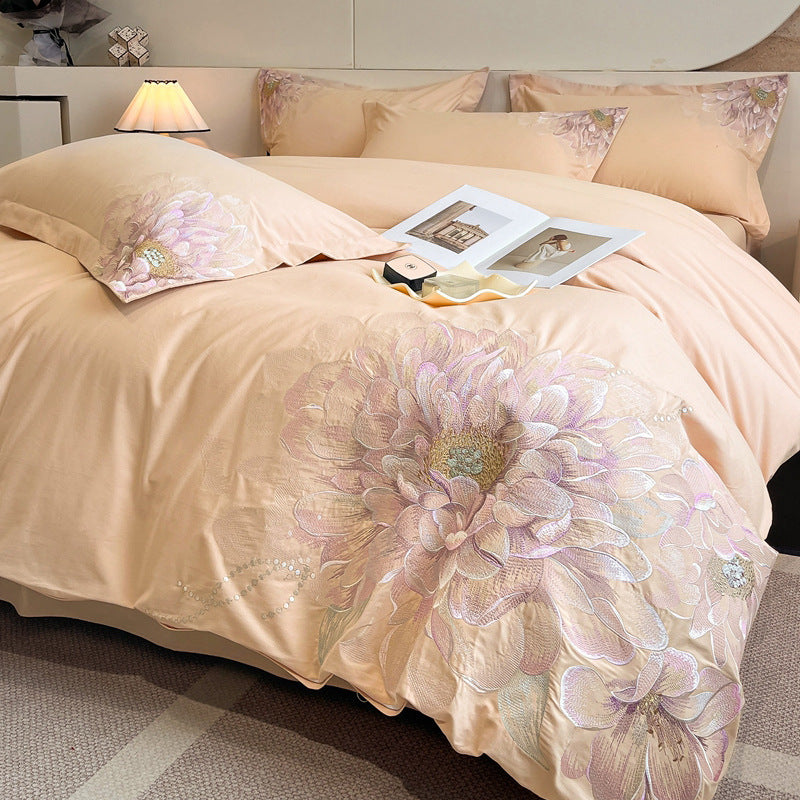 Bed Cotton Flower Embroidered Quilt Fitted Sheet Set