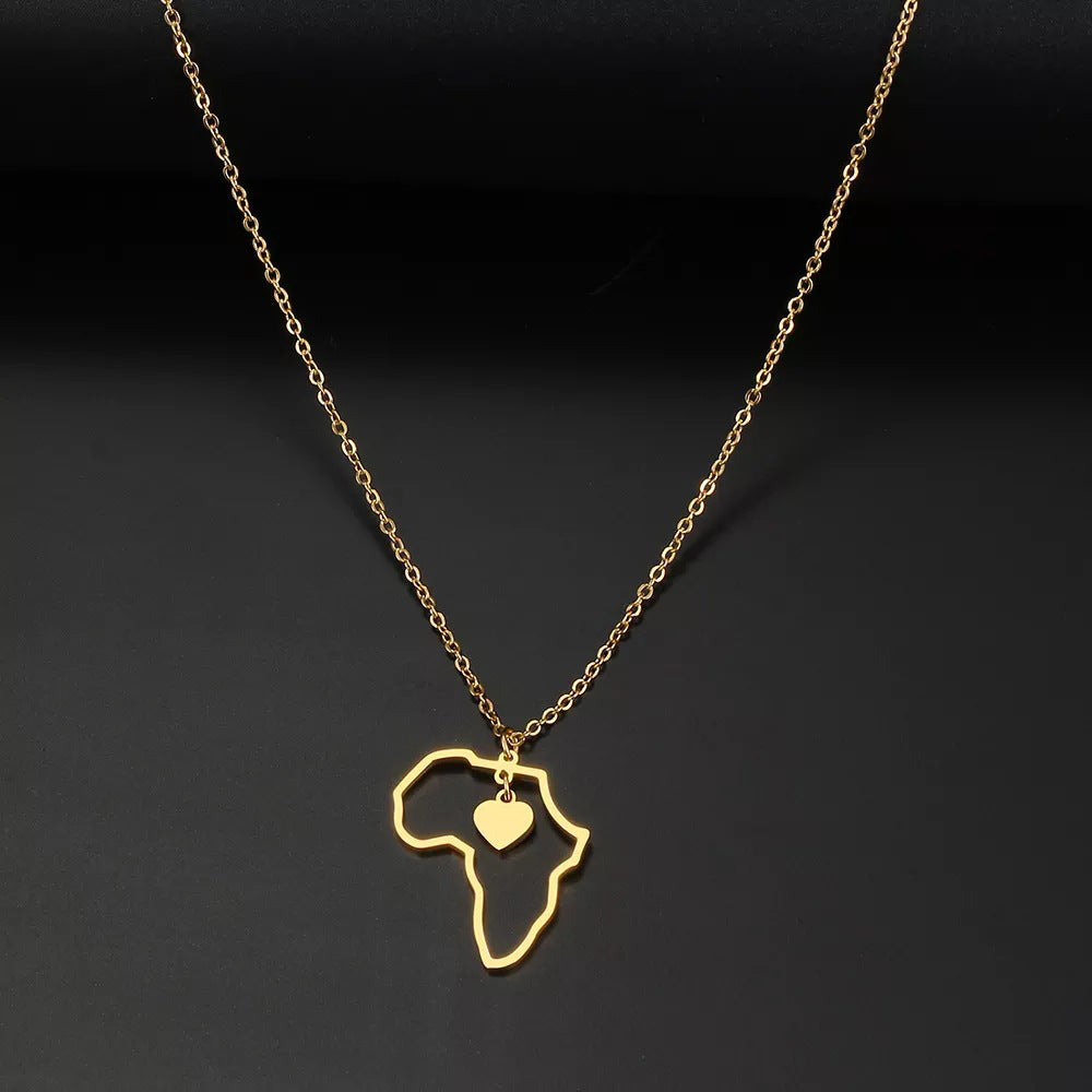 Collier pendentif personnalisé carte d'Afrique en acier inoxydable doré avec cœur