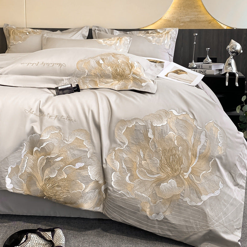 Bed Cotton Flower Embroidered Quilt Fitted Sheet Set