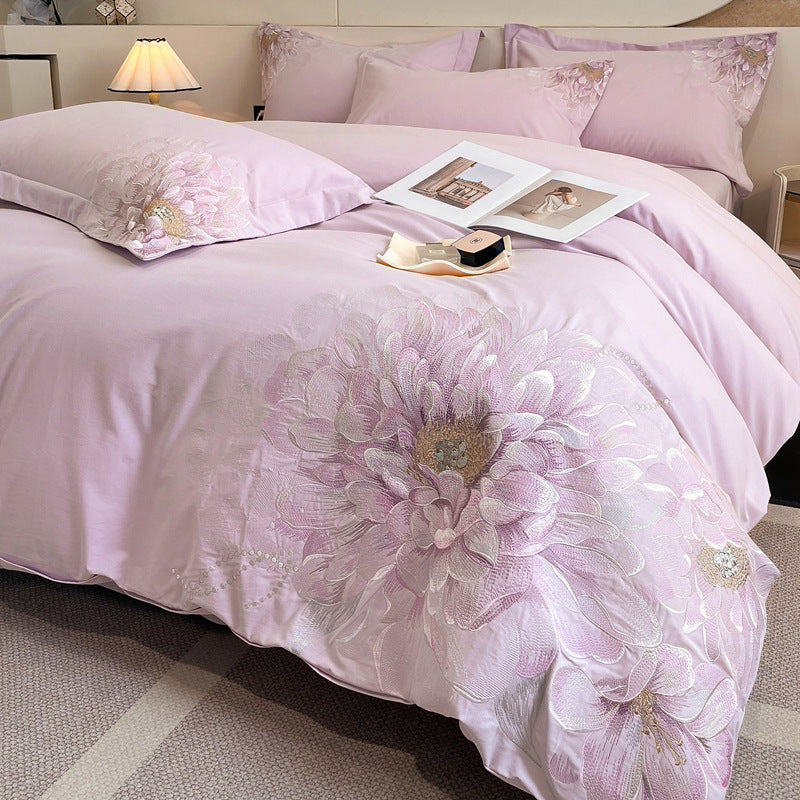 Bed Cotton Flower Embroidered Quilt Fitted Sheet Set