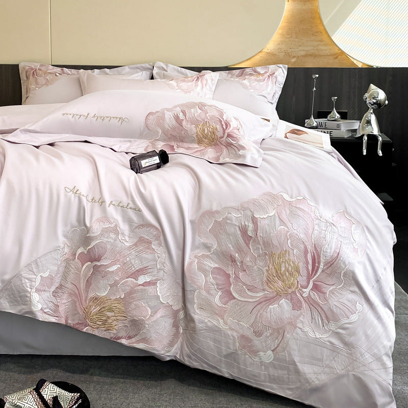 Bed Cotton Flower Embroidered Quilt Fitted Sheet Set