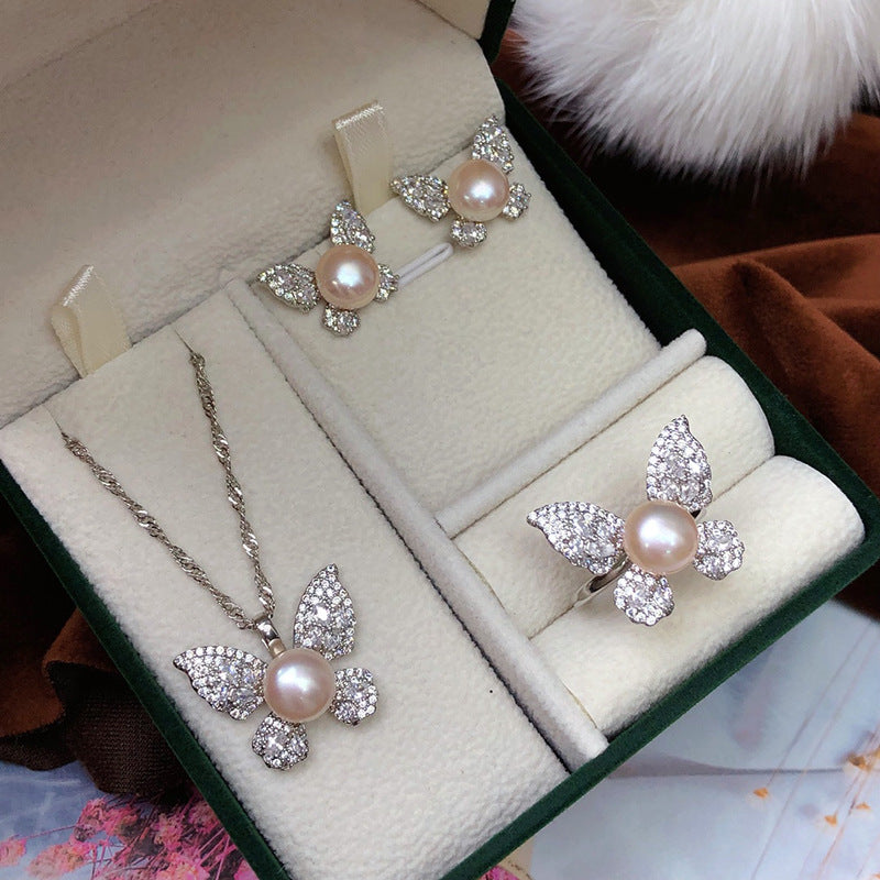 Nouvel Ensemble Collier Boucles d'Oreilles Bague Trois Pièces Perles d'Eau Douce