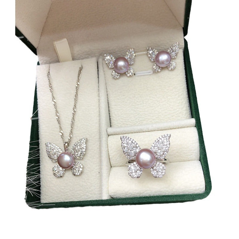 New Freshwater Pearl Necklace Earring Ring Three-piece Set
