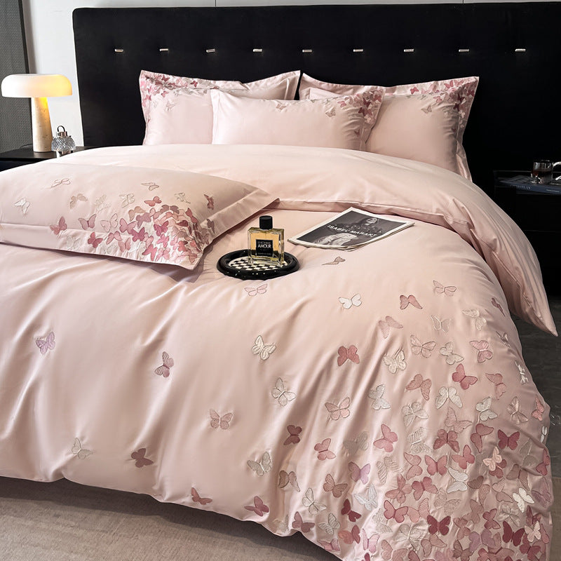 Bed Cotton Flower Embroidered Quilt Fitted Sheet Set