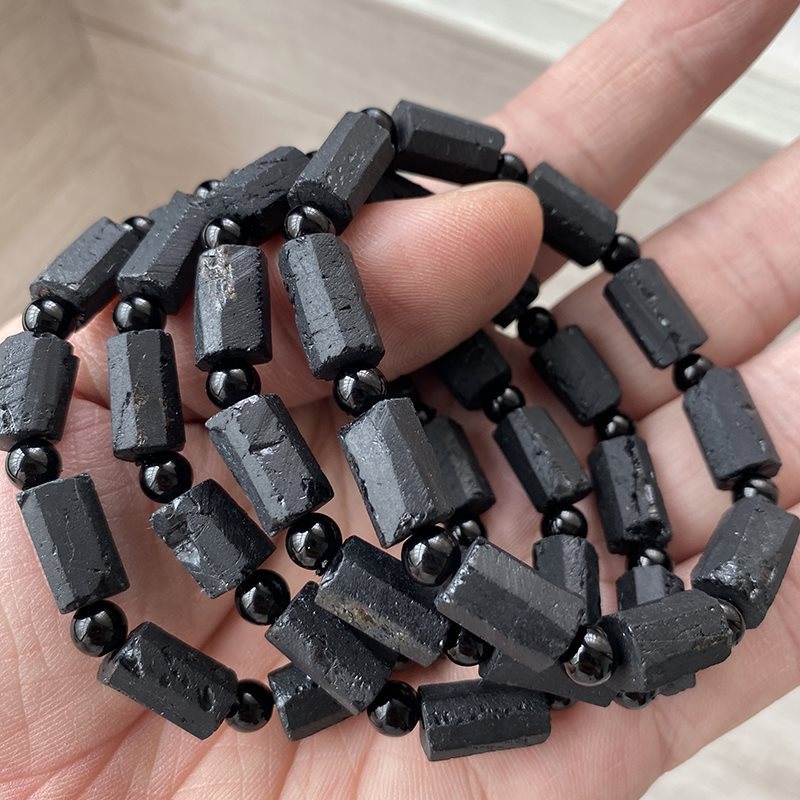 Bracelet en tourmaline noire brute naturelle pour hommes et femmes