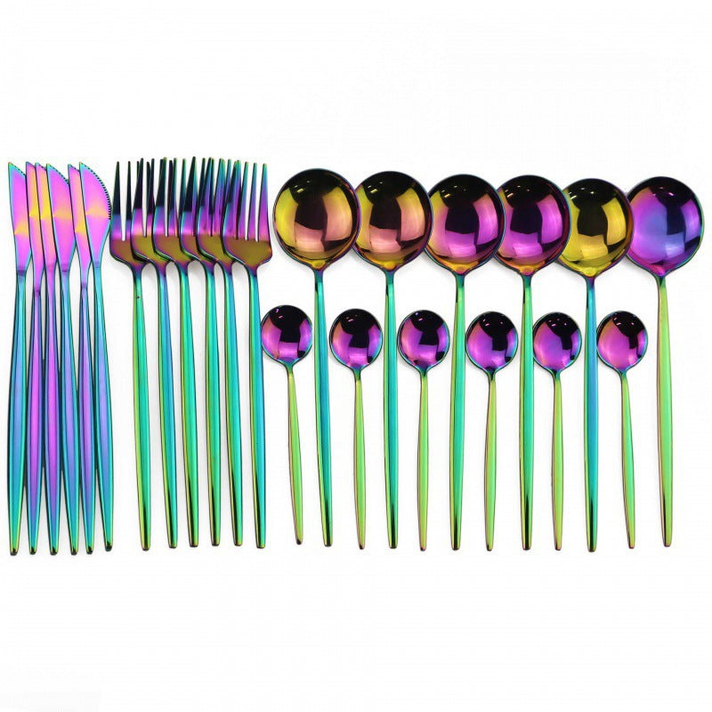 24PCs White Gold Dinnerware Set Stainless Steel Knife Fork