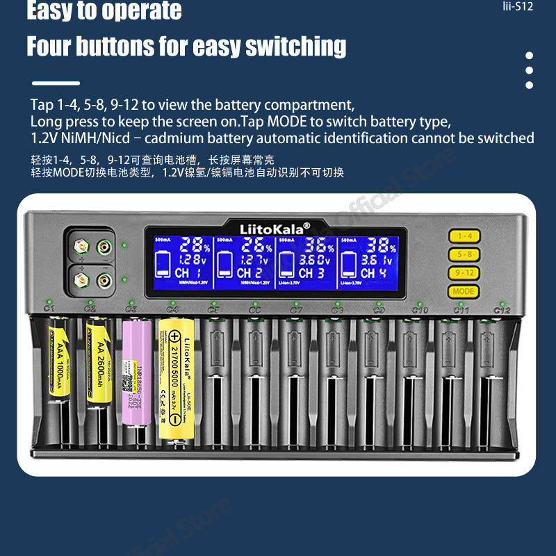 Lii-S12 12-slot LCD 217009V Battery Charger