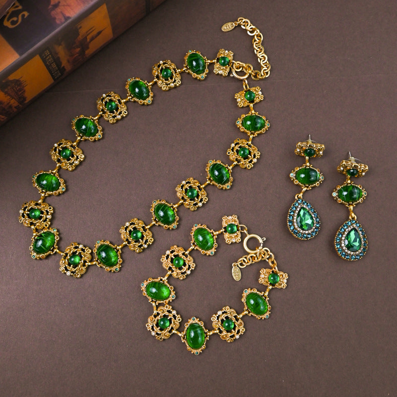 Glass Hollow Jeweled Necklace Bracelet Earring Set