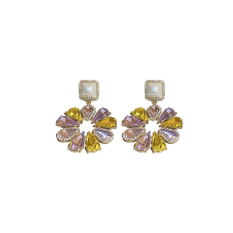 Silver Stud Rhinestone-encrusted Water Drop Flower Pearl Earrings And Necklace Set