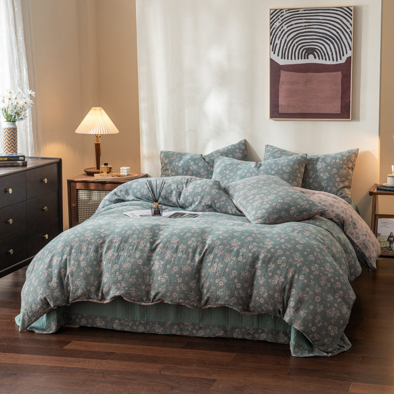 Pastoral Floral Yarn-dyed Cotton Double-layer Gauze Four-piece Set