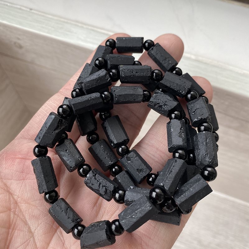 Bracelet en tourmaline noire brute naturelle pour hommes et femmes