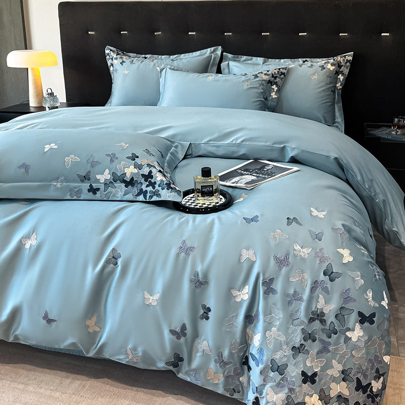Bed Cotton Flower Embroidered Quilt Fitted Sheet Set