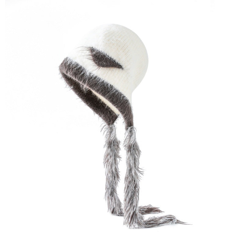 Cat Ears Mink Wool Ear Protection Color Matching Woven Hat Knitted Hat