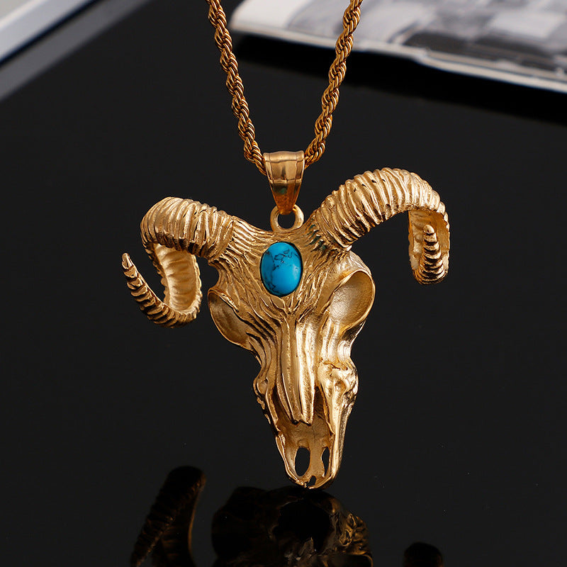 Vintage Demon Satan Hell Sheep Head Warcraft Titanium Steel Pendant Men's Necklace