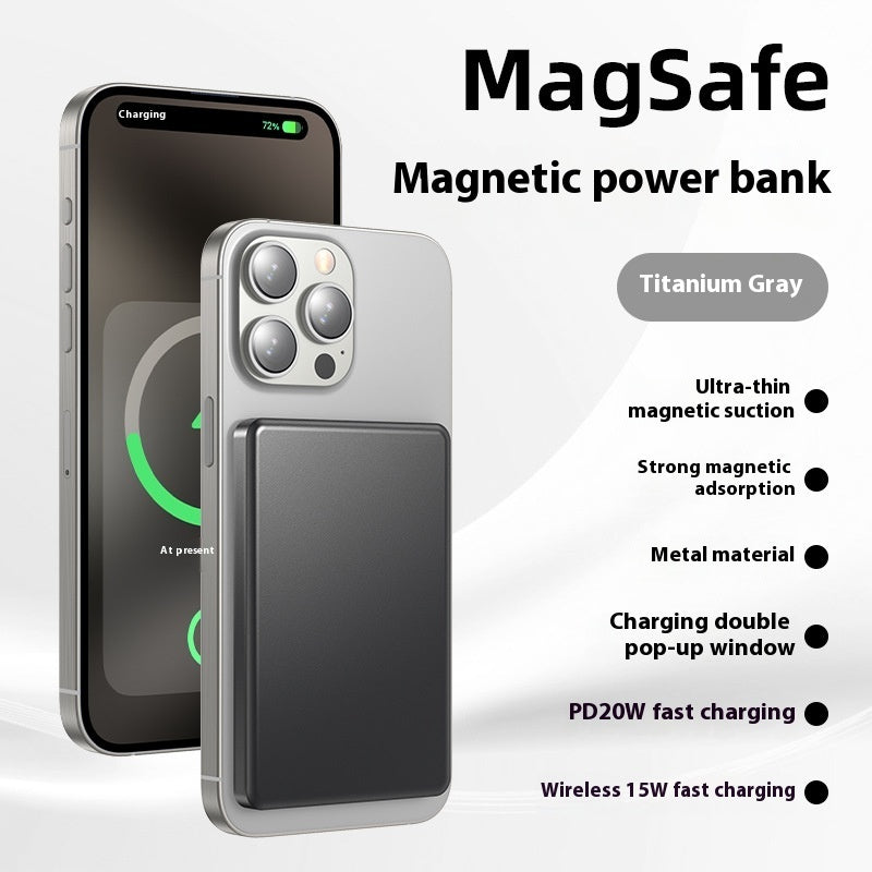 Batterie externe sans fil à aspiration magnétique pour charge rapide en alliage d'aluminium