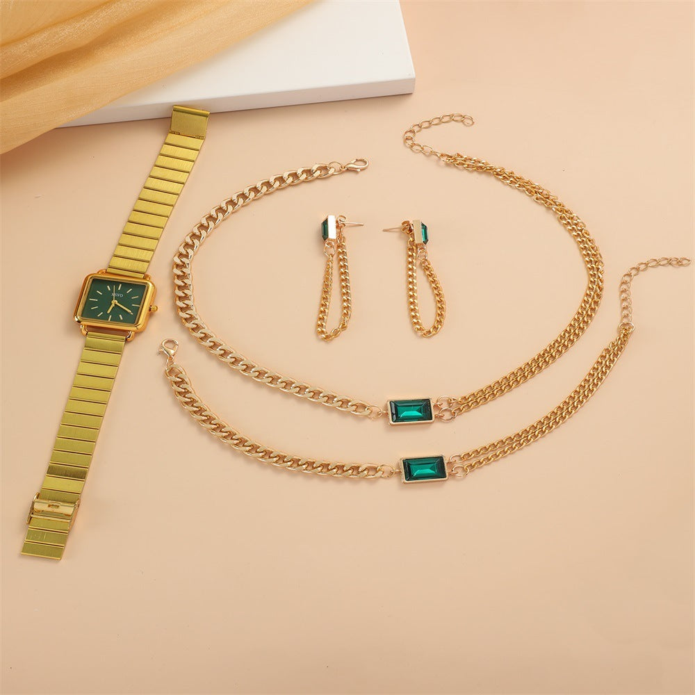 Quartz Watch Versatile Chain Emerald Necklace EarringsBracelet