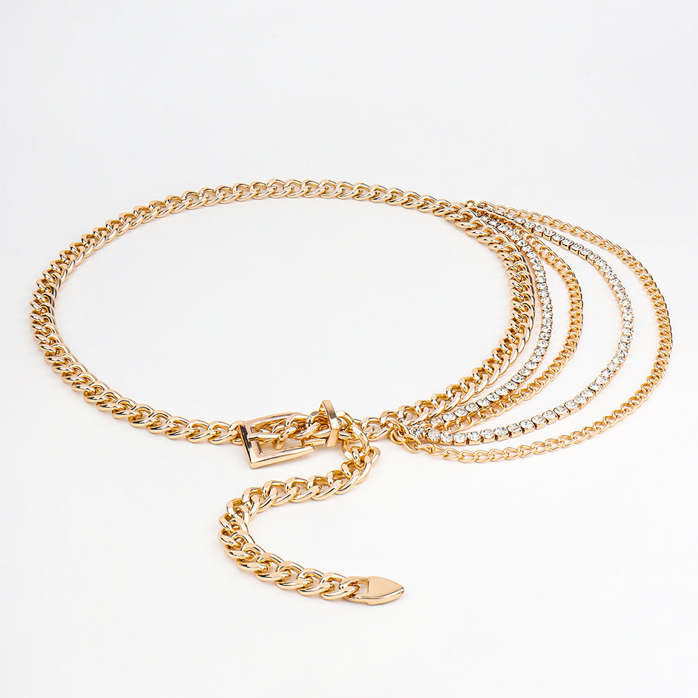 Chaîne de taille pour femmes, ceinture à boucle ardillon personnalisée, parure, robe, strass creux dorés, multi-couches, à nouer à la taille, assortie à tout.