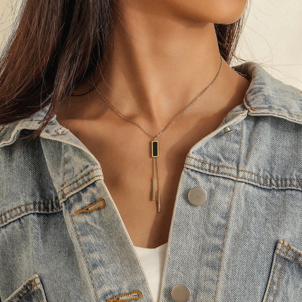 Stainless Steel Geometric Rectangle Black Dripping Tassel Necklace