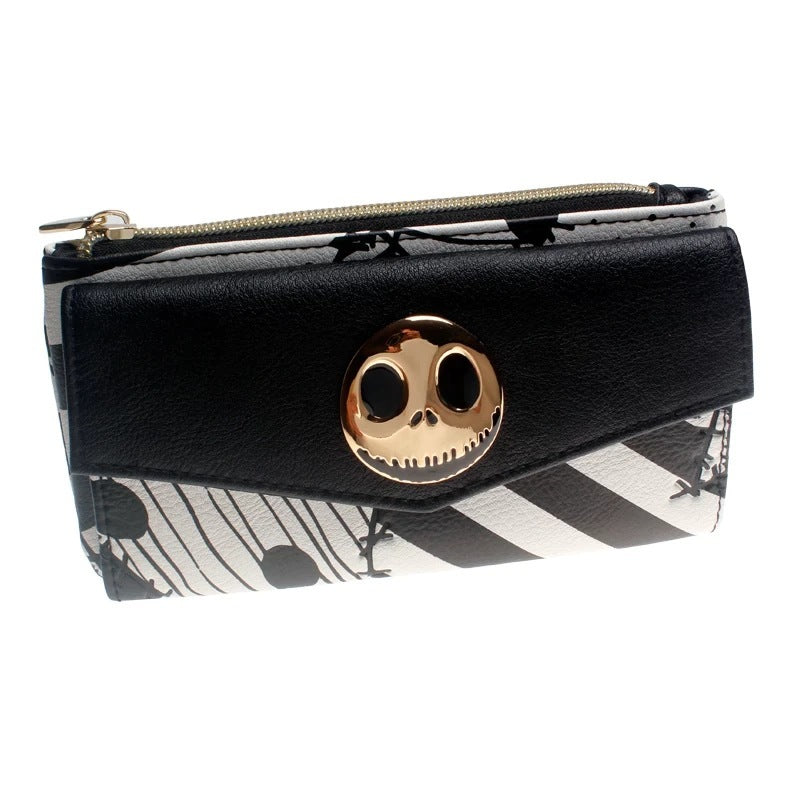 Portefeuille de dessin animé Crâne Long portefeuille à boucle en cuir PU Pochette tendance