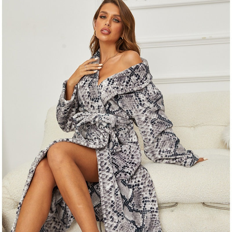 Printing Lapel Casual Flannel Nightgown New Bathrobe