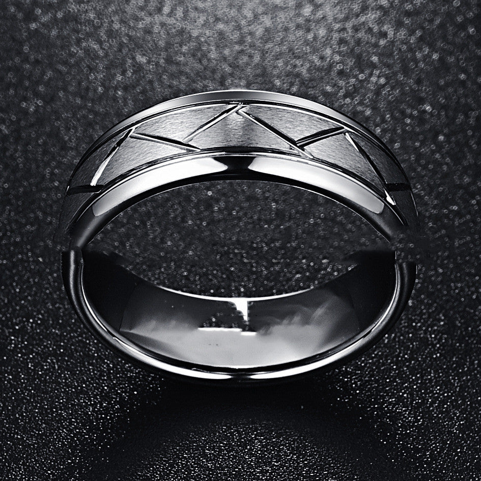 Men's Fashion Silver Gray Frosted Face Angle Trunking Tire Pattern Tungsten Ring