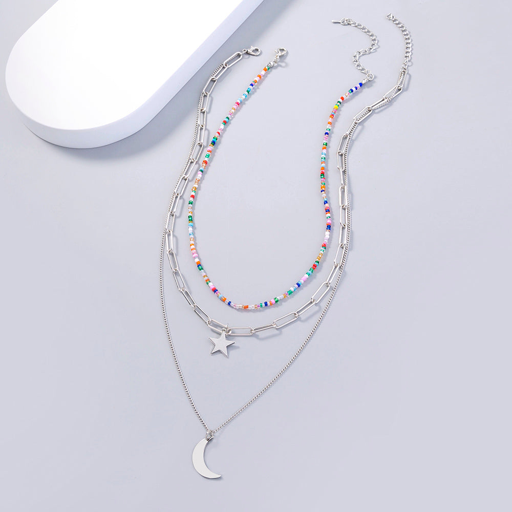 Copper Star Moon multi-layer colorful rice beads necklace