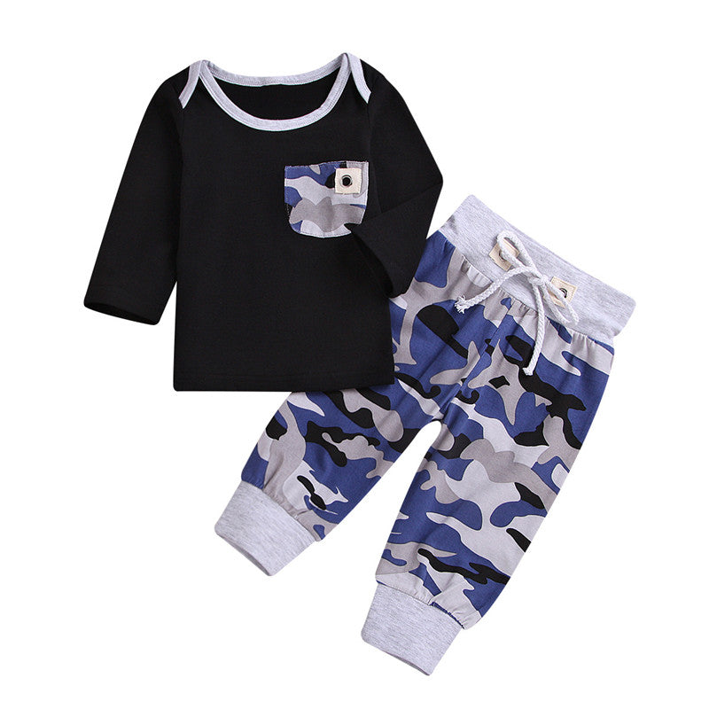 Three-Piece Children's Long-Sleeved Solid Color T-Shirt Camouflage Trousers Hat
