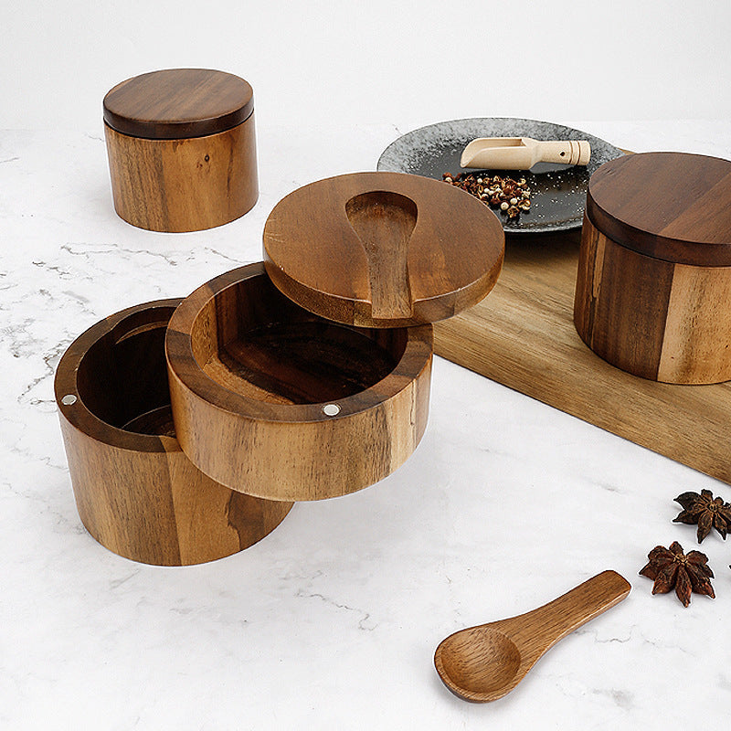Acacia Wooden Single Layer Salt Jar Seasoning Box Storage