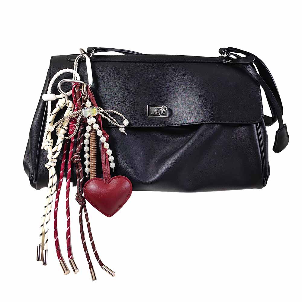 Wine Red Leather Peach Heart Pendant Pearl Bow Keychain
