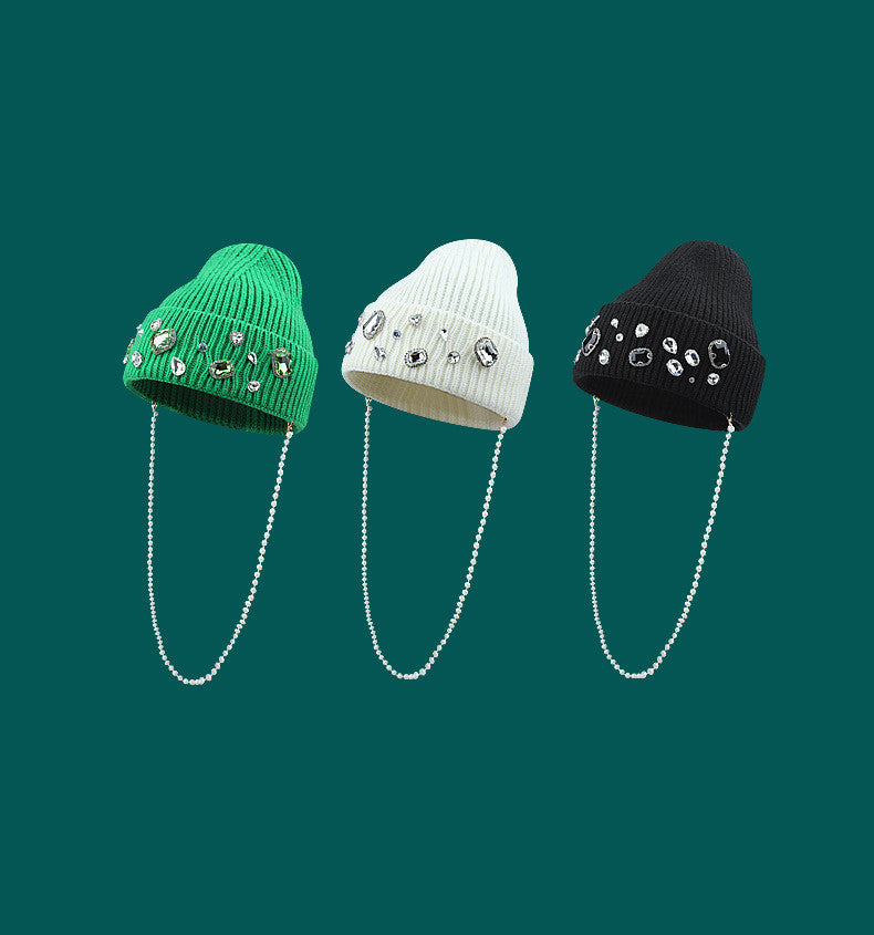 Fashion Pearl Chain Diamond Wool Cap